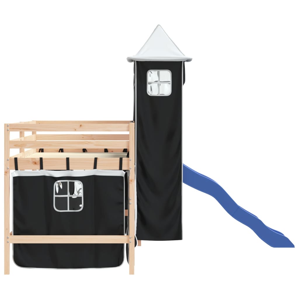 vidaXL Cama alta niños con torre madera pino blanco negro 90x190 cm