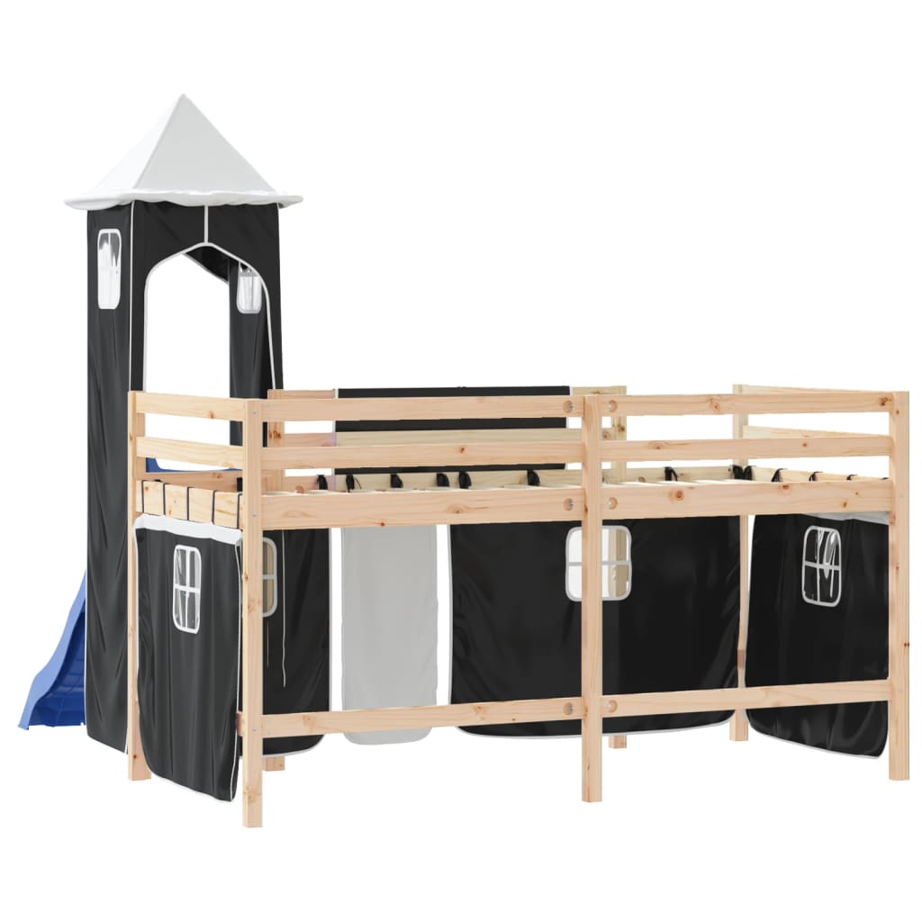 vidaXL Cama alta niños con torre madera pino blanco negro 90x190 cm