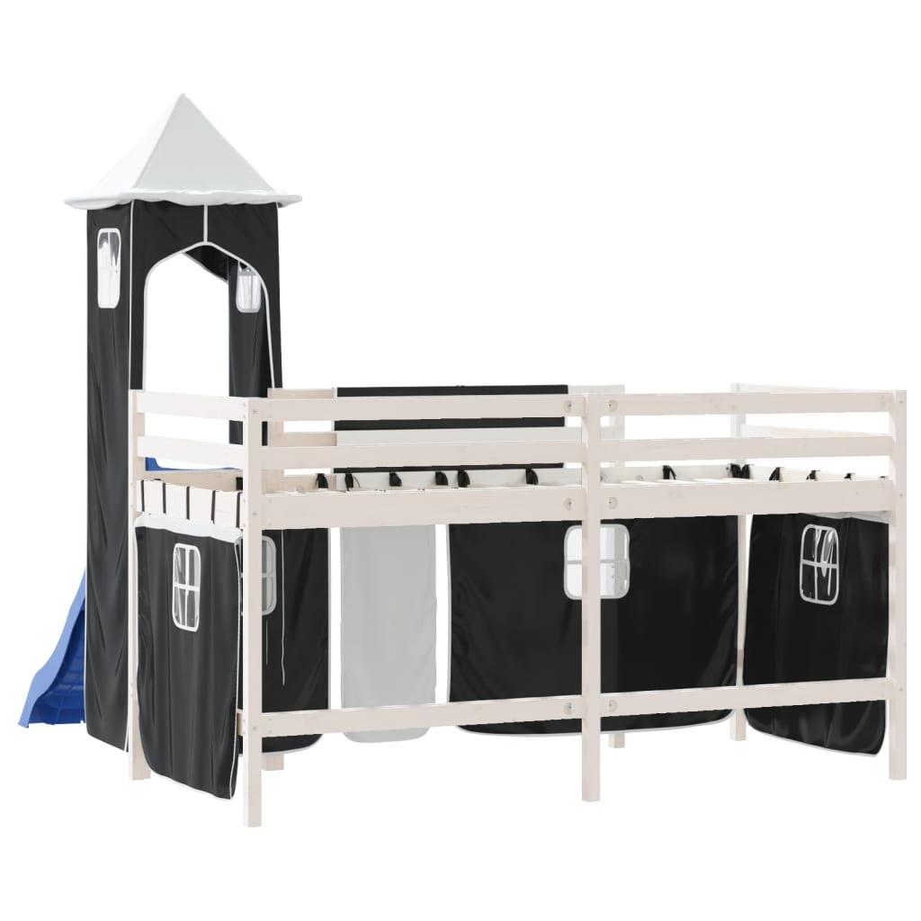 vidaXL Cama alta niños con torre madera pino blanco negro 90x190 cm