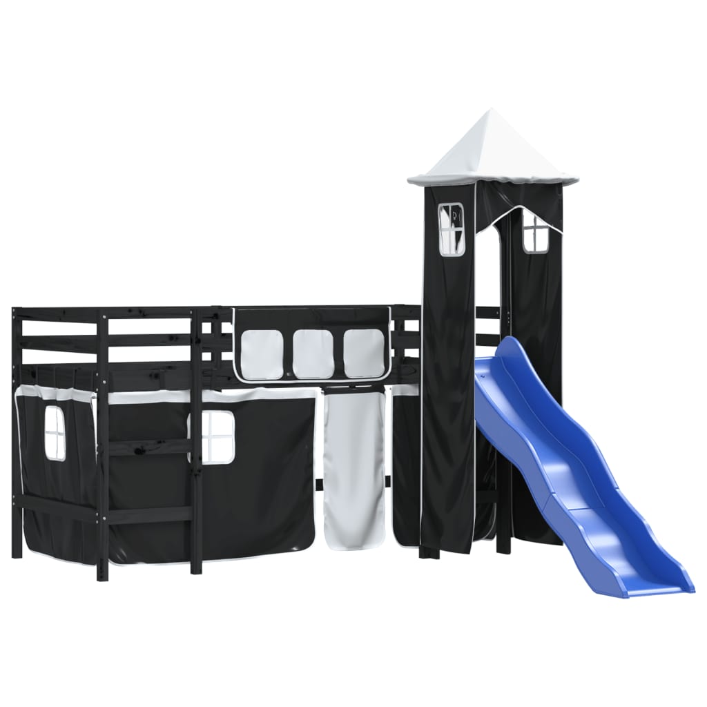 vidaXL Cama alta niños con torre madera pino blanco negro 90x190 cm