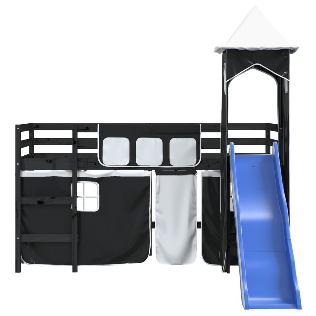 vidaXL Cama alta niños con torre madera pino blanco negro 90x190 cm