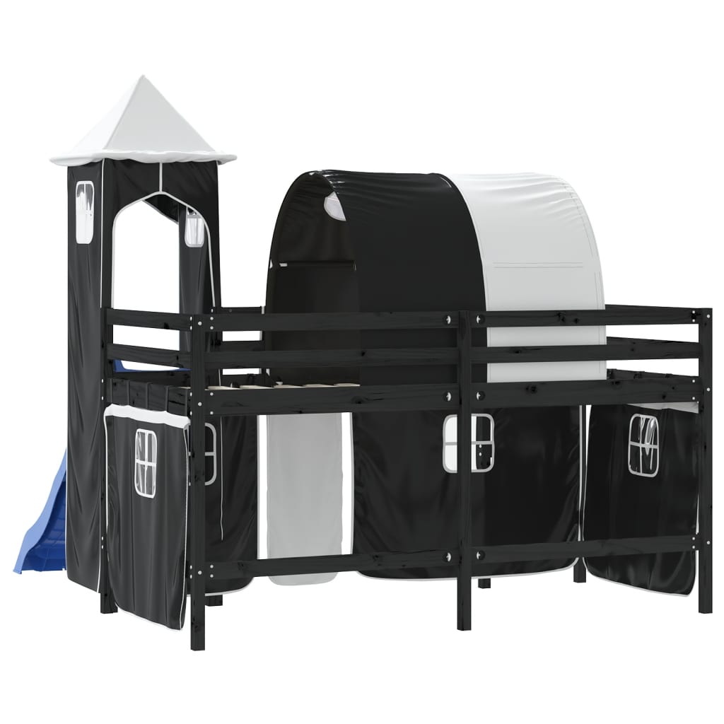 vidaXL Cama alta niños con torre madera pino blanco negro 90x200 cm