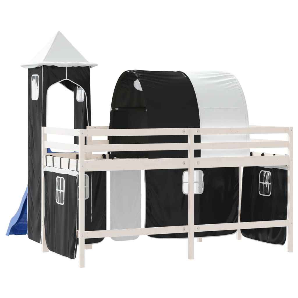 vidaXL Cama alta niños con torre madera pino blanco negro 90x190 cm