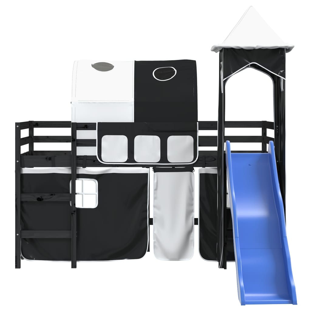 vidaXL Cama alta niños con torre madera pino blanco negro 90x190 cm