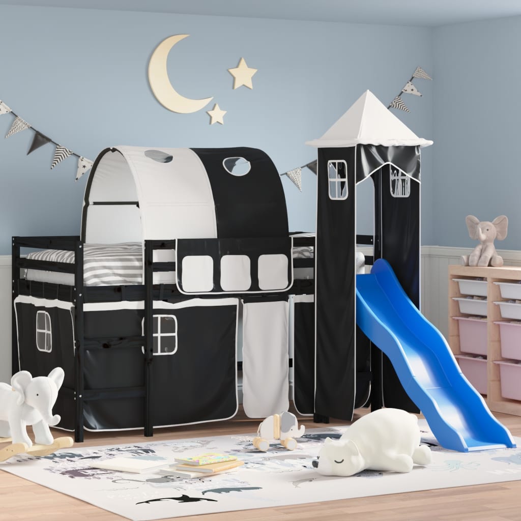 vidaXL Cama alta niños con torre madera pino blanco negro 90x190 cm