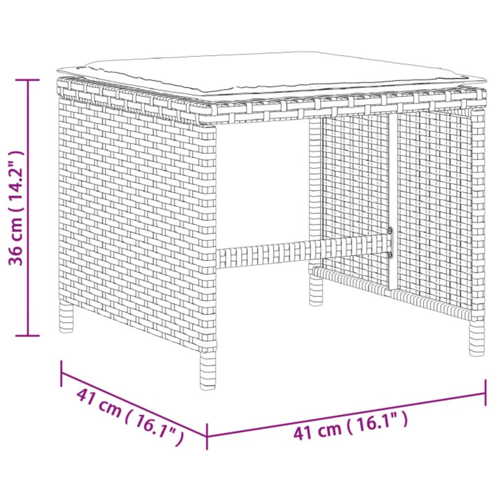 vidaXL Taburetes de jardín con cojines 4 uds ratán PE gris 41x41x36 cm