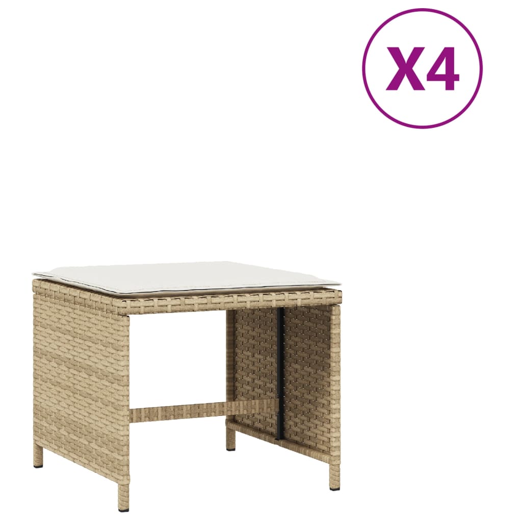 vidaXL Taburetes de jardín con cojines 4 uds ratán PE beige 41x41x36cm