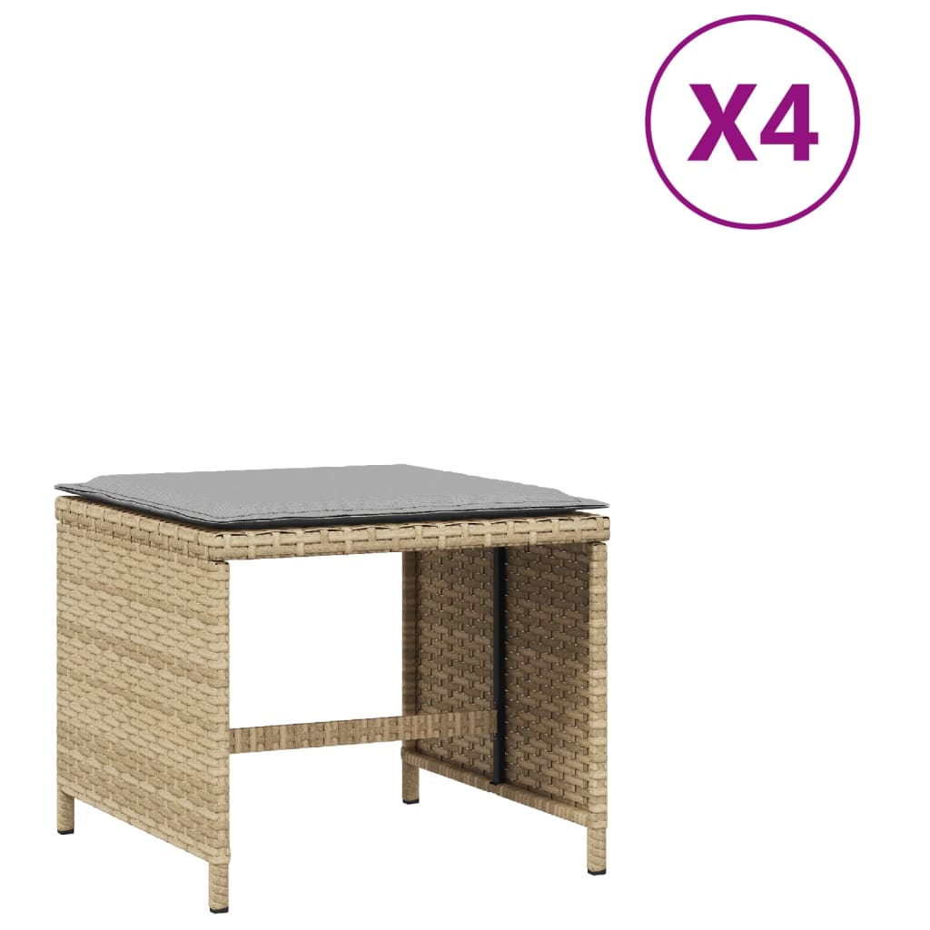 vidaXL Taburetes jardín cojines 4 uds ratán PE beige mezcla 41x41x36cm