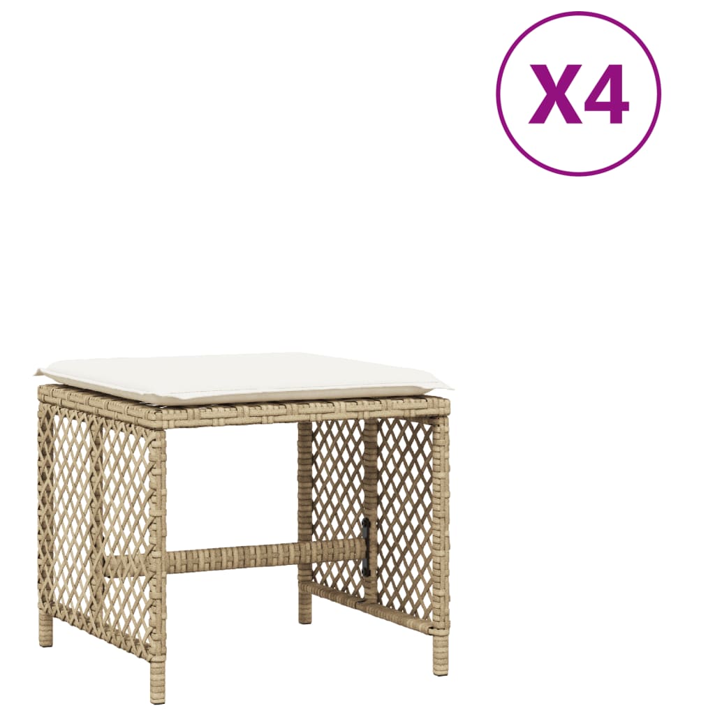 vidaXL Taburetes de jardín con cojines 4 uds ratán PE beige 41x41x36cm