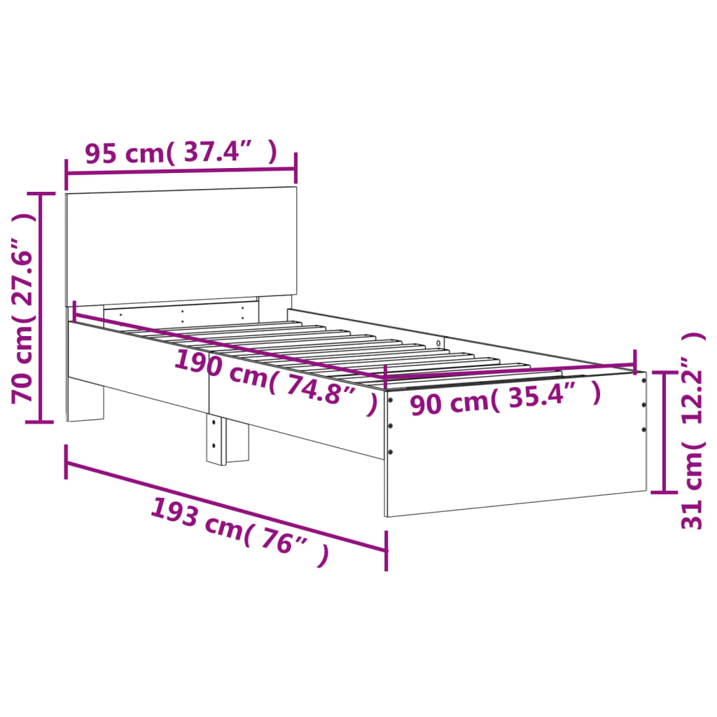 vidaXL Cama con cabecero madera de ingeniería gris hormigón 90x190 cm