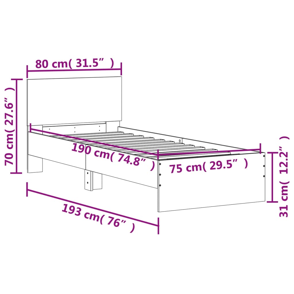 vidaXL Cama con cabecero madera de ingeniería gris hormigón 75x190 cm