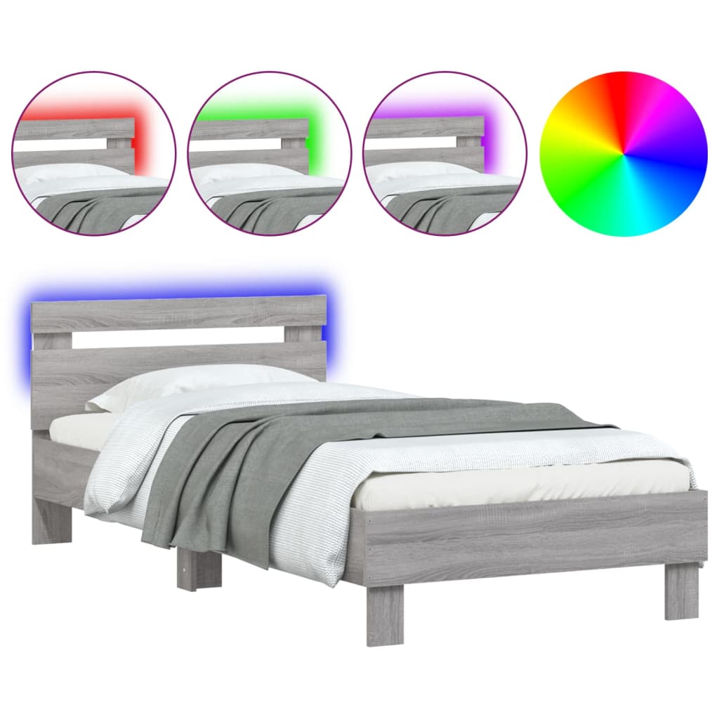 vidaXL Estructura de cama cabecero luces LED gris Sonoma 90x200 cm