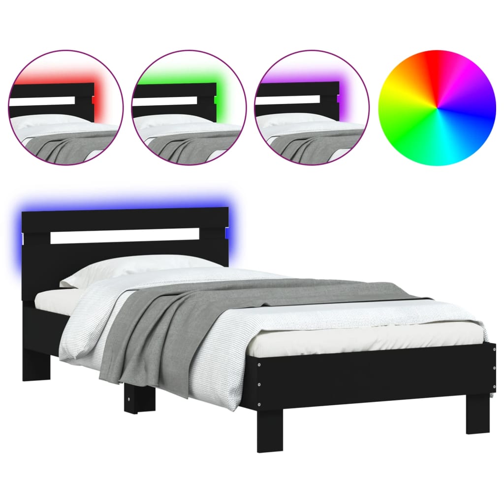 vidaXL Estructura de cama con cabecero y luces LED negro 75x190 cm