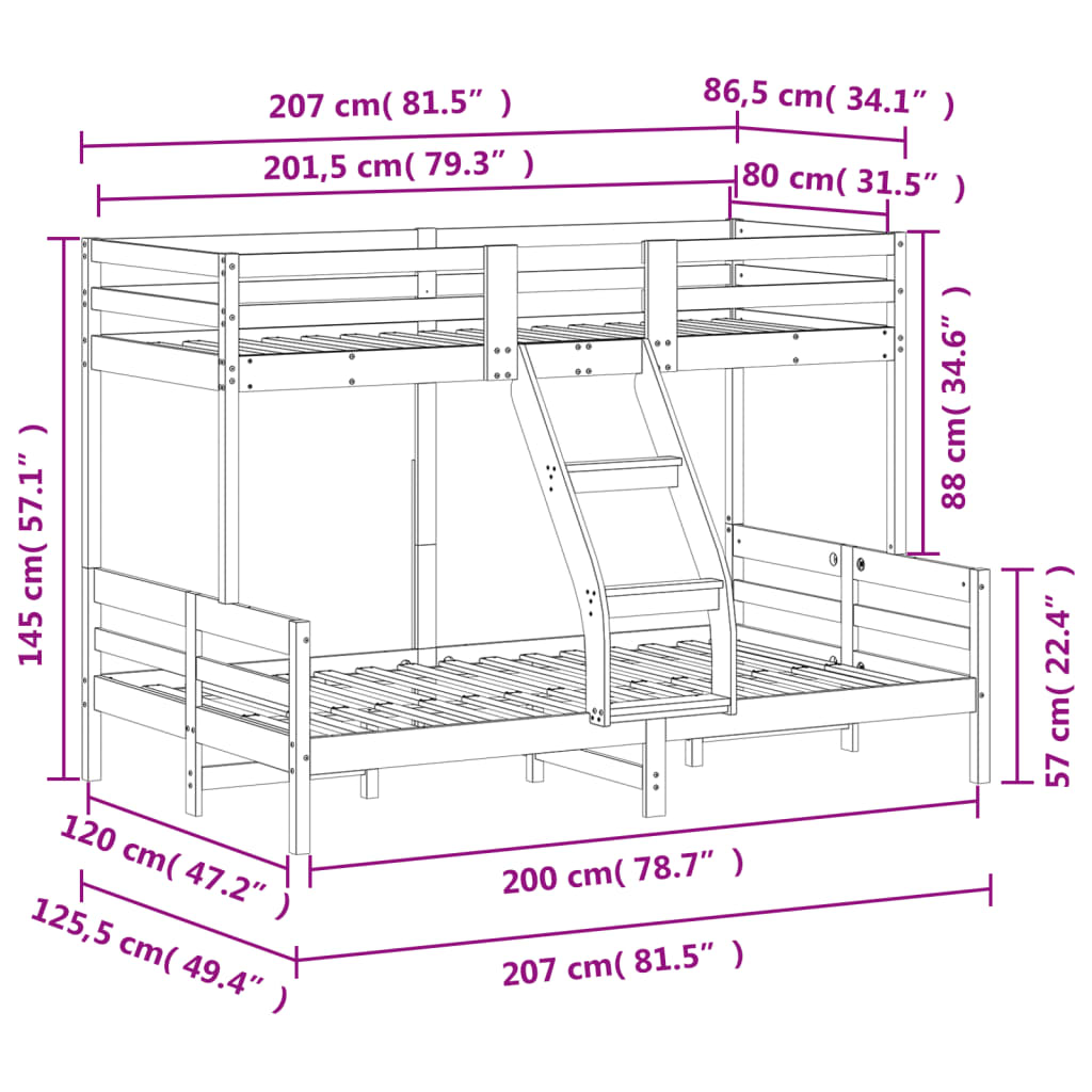 vidaXL Litera de madera maciza de pino 80x200/120x200 cm