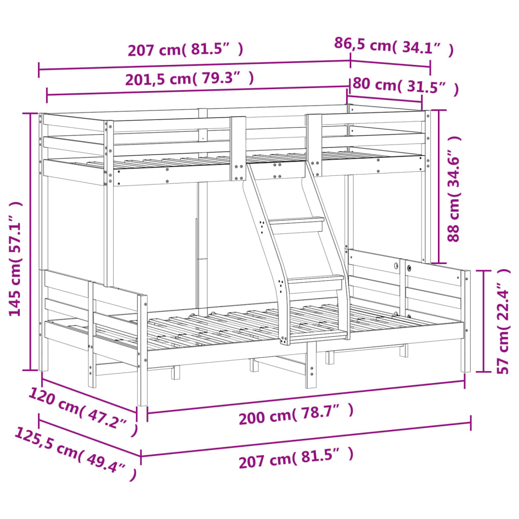 vidaXL Litera de madera maciza de pino marrón cera 80x200/120x200 cm