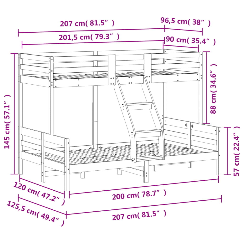 vidaXL Litera de madera maciza de pino marrón cera 90x200/120x200 cm