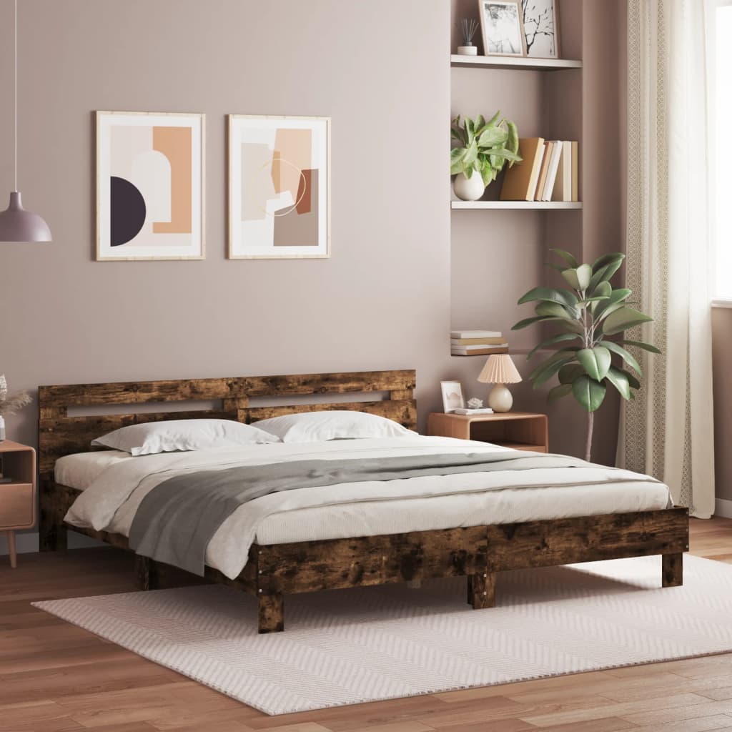 vidaXL Cama con cabecero madera de ingeniería roble ahumado 200x200 cm