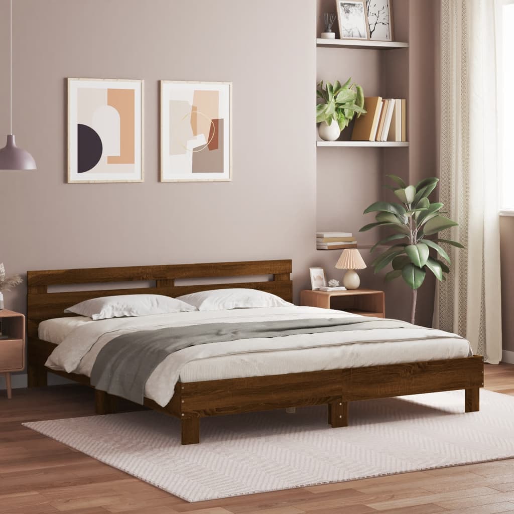 vidaXL Cama con cabecero madera ingeniería marrón roble 200x200 cm