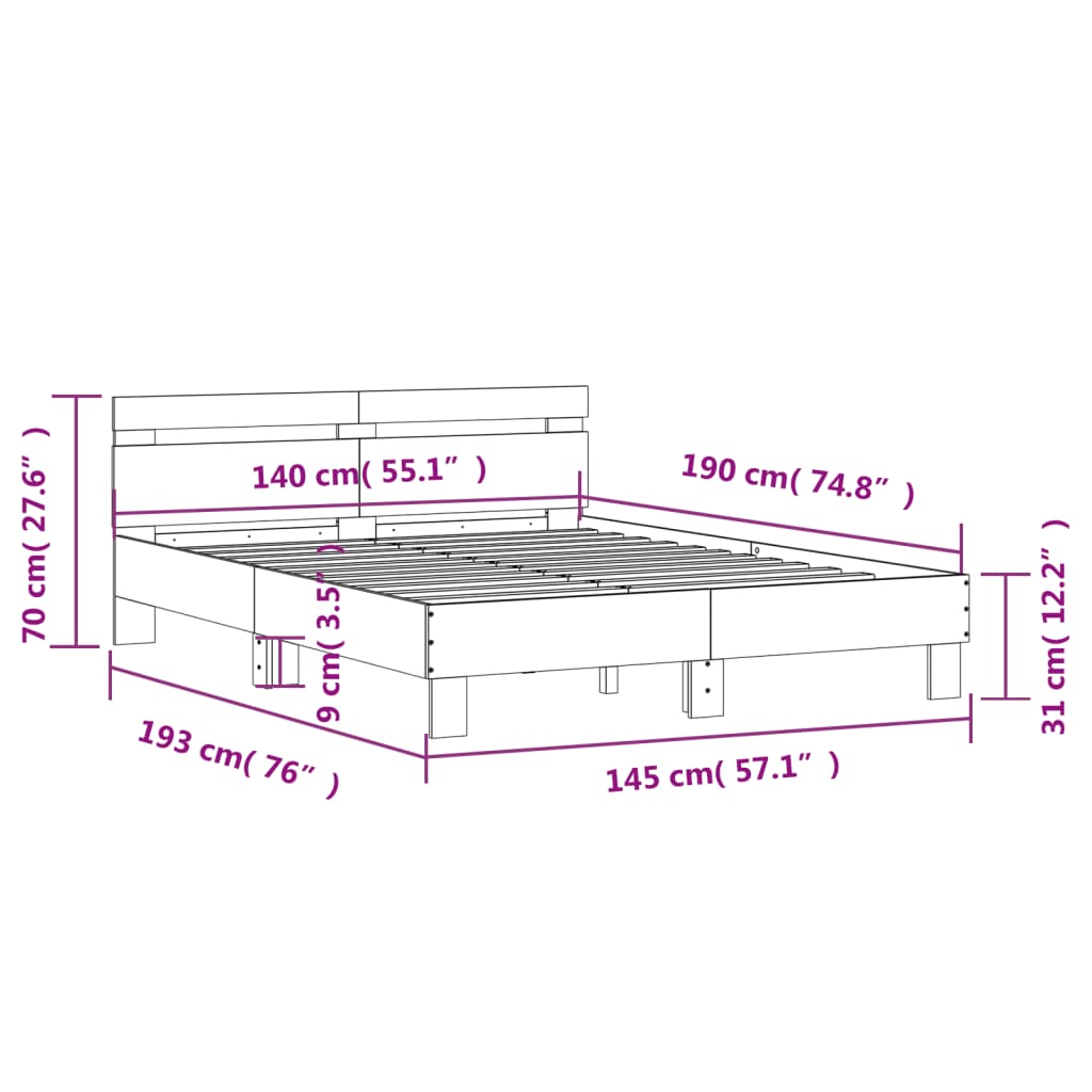 vidaXL Cama con cabecero madera de ingeniería gris hormigón 140x190 cm