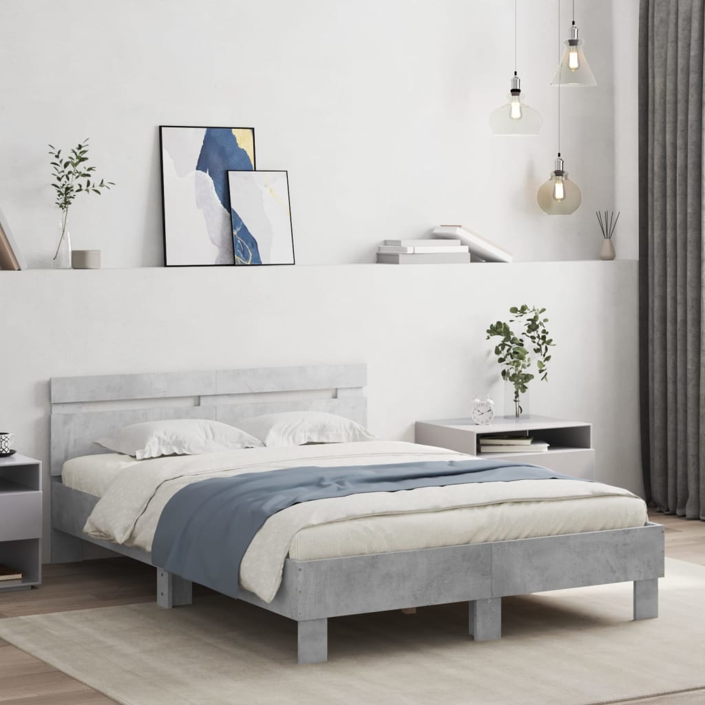 vidaXL Cama con cabecero madera de ingeniería gris hormigón 135x190 cm