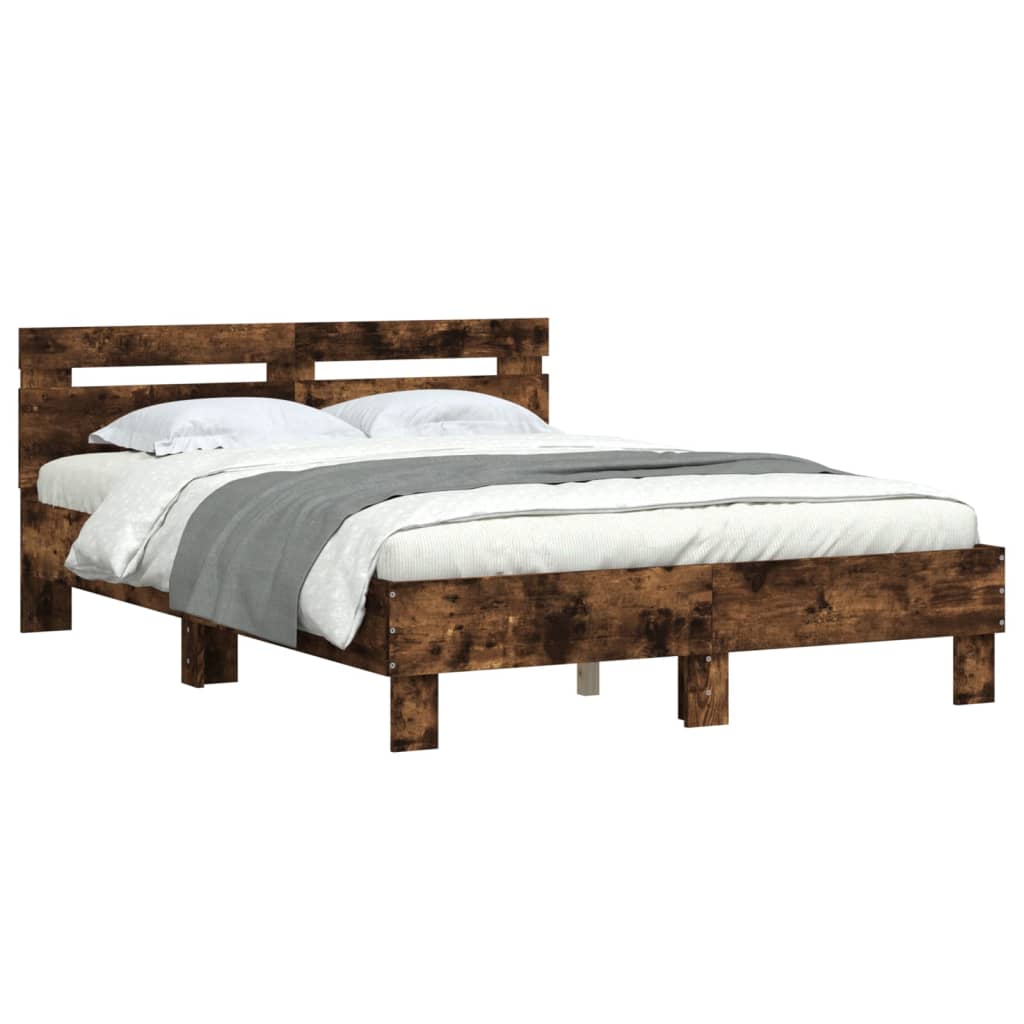 vidaXL Cama con cabecero madera de ingeniería roble ahumado 135x190 cm