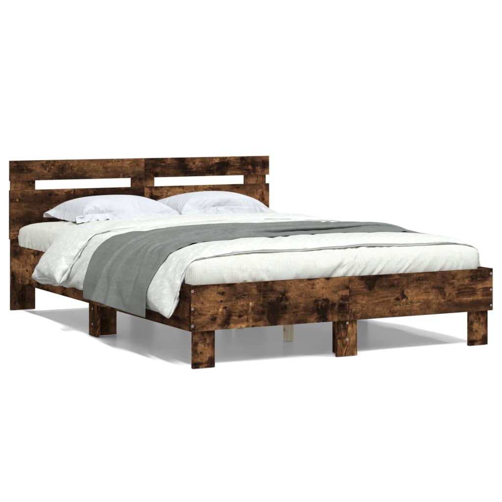 vidaXL Cama con cabecero madera de ingeniería roble ahumado 135x190 cm