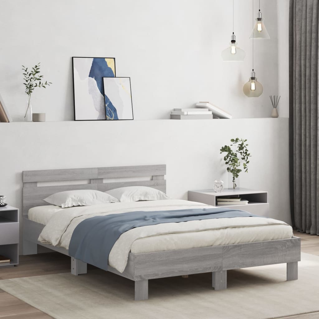 vidaXL Cama con cabecero madera de ingeniería gris Sonoma 135x190 cm