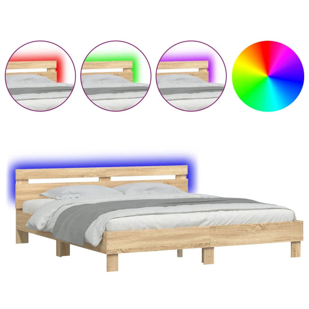 vidaXL Estructura de cama cabecero y luces LED roble Sonoma 200x200 cm