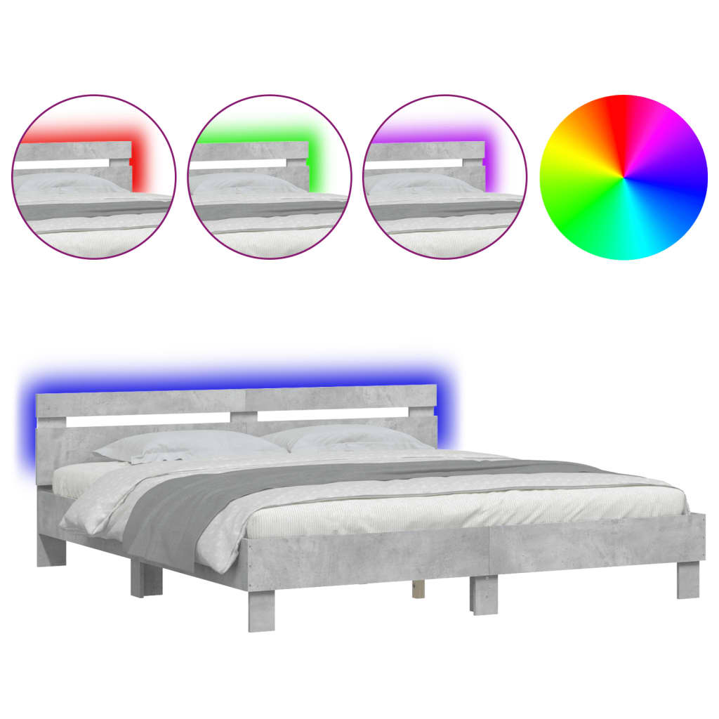 vidaXL Estructura de cama cabecero y luces LED gris hormigón 200x200cm