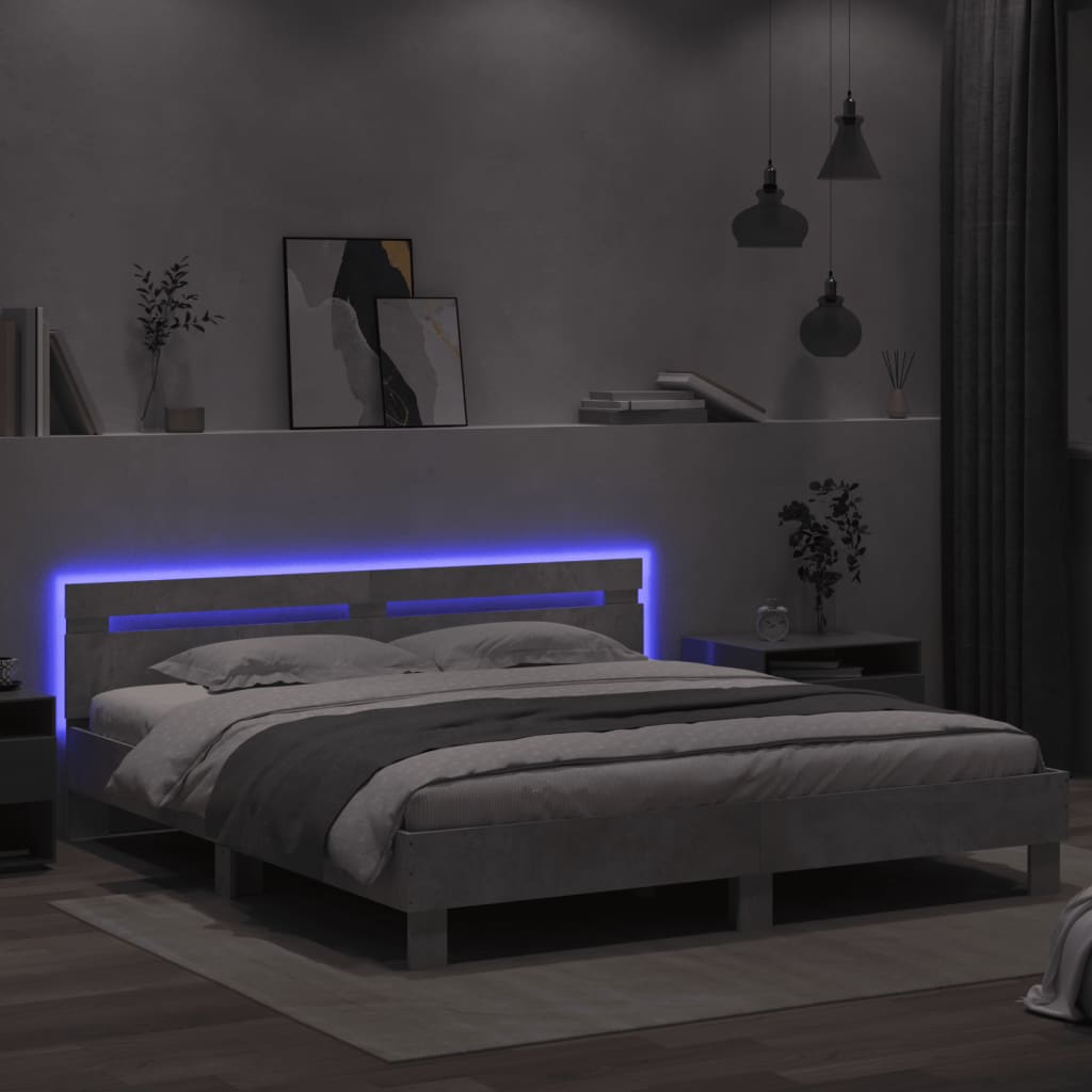 vidaXL Estructura de cama cabecero y luces LED gris hormigón 200x200cm