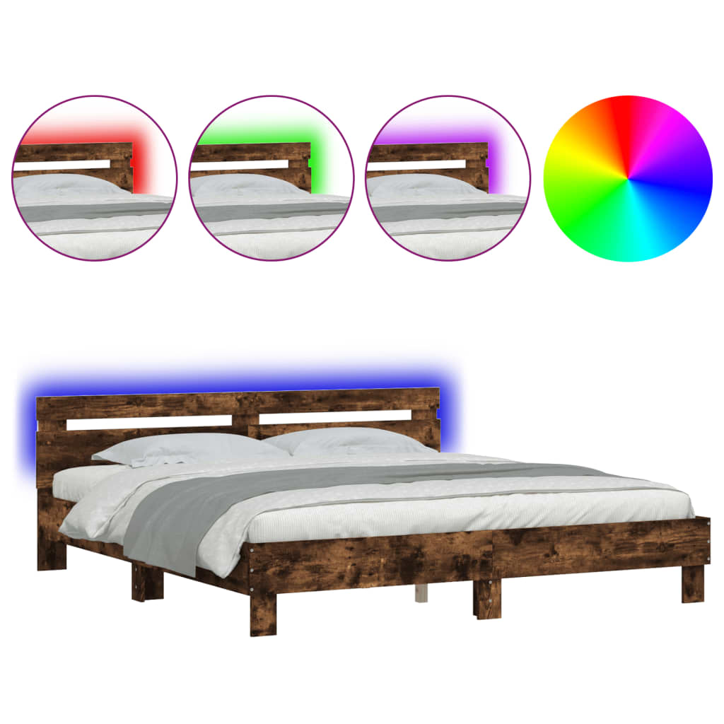 vidaXL Estructura de cama cabecero y luces LED roble ahumado 200x200cm