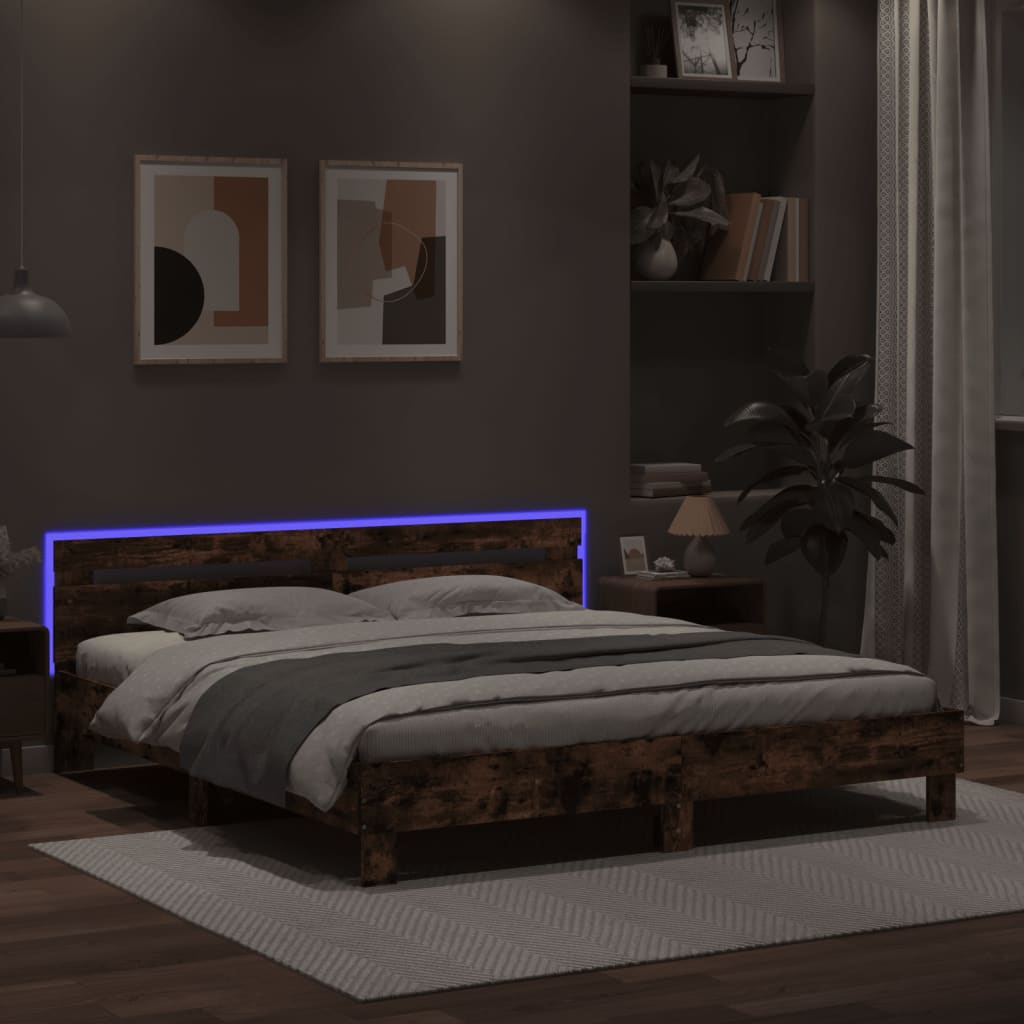 vidaXL Estructura de cama cabecero y luces LED roble ahumado 200x200cm