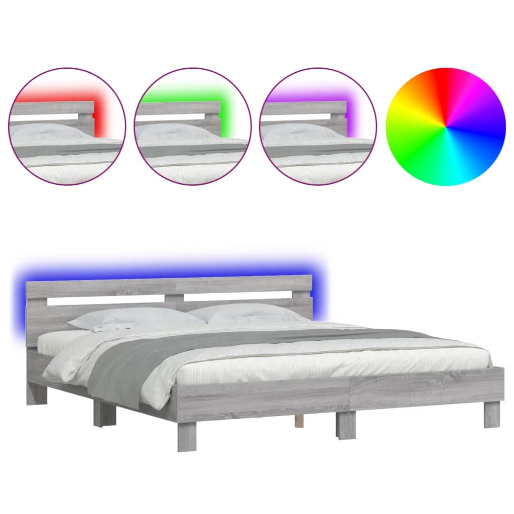 vidaXL Estructura de cama cabecero y luces LED gris Sonoma 200x200 cm