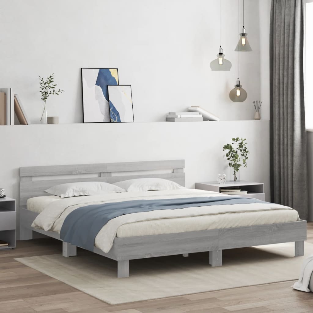 vidaXL Estructura de cama cabecero y luces LED gris Sonoma 200x200 cm