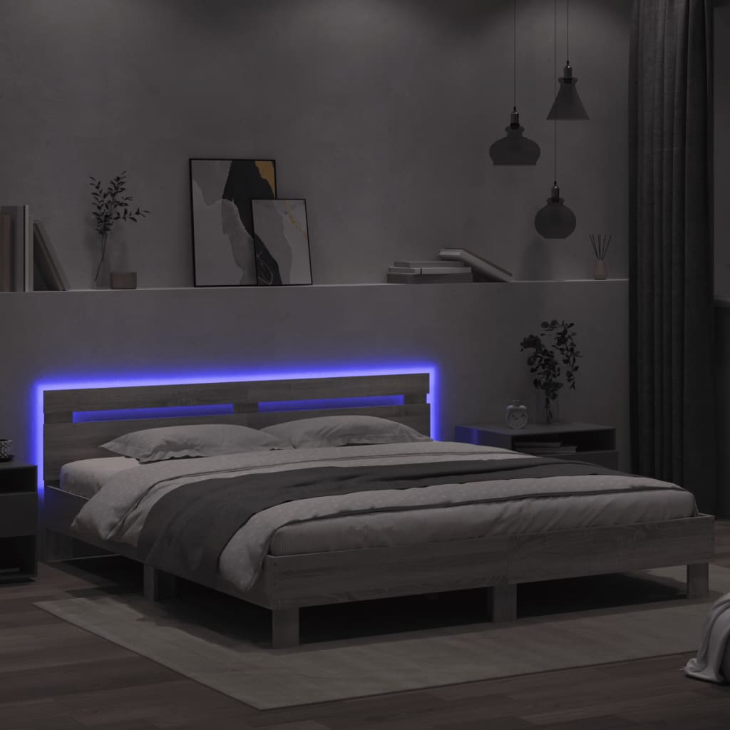 vidaXL Estructura de cama cabecero y luces LED gris Sonoma 200x200 cm