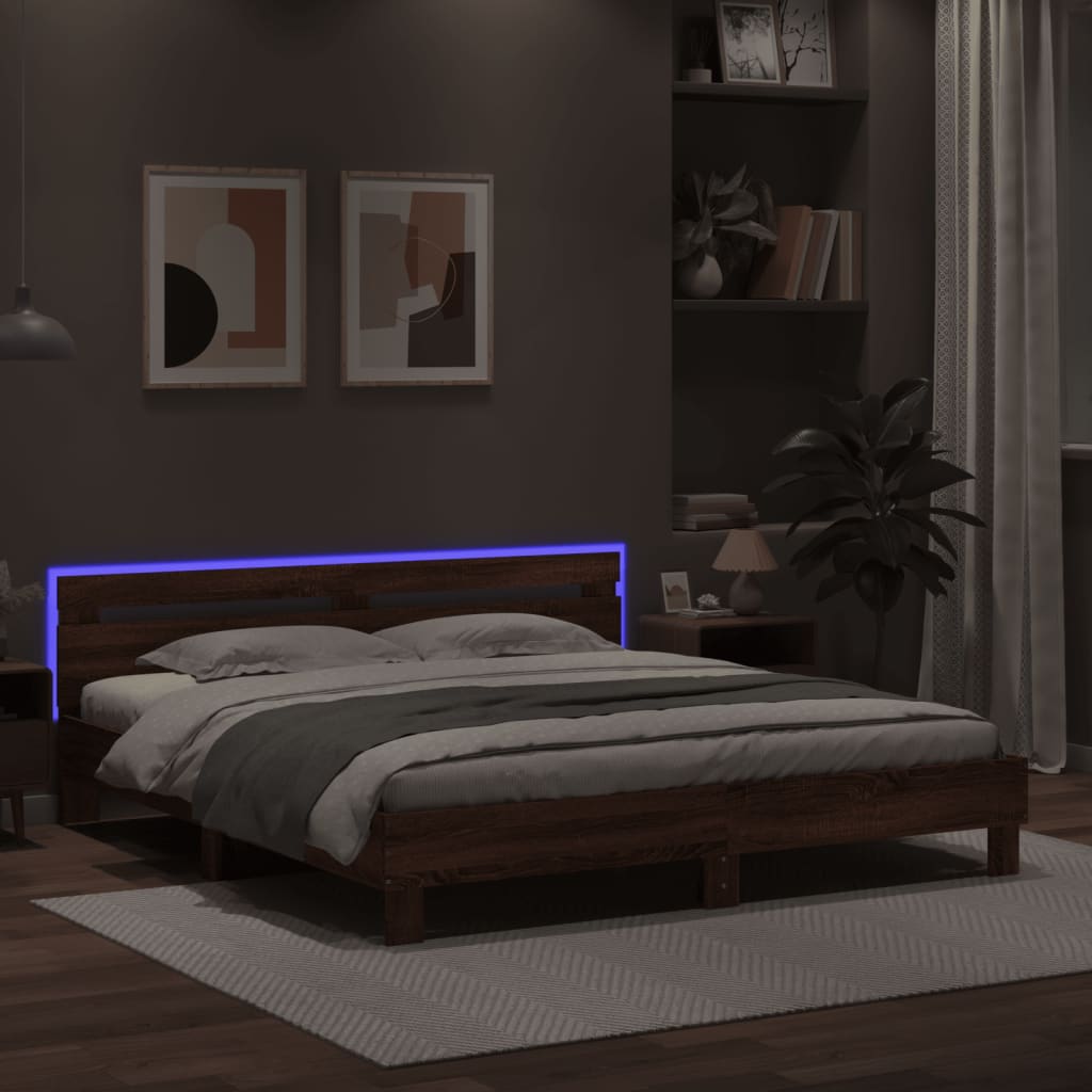 vidaXL Estructura de cama cabecero y luces LED marrón roble 200x200 cm