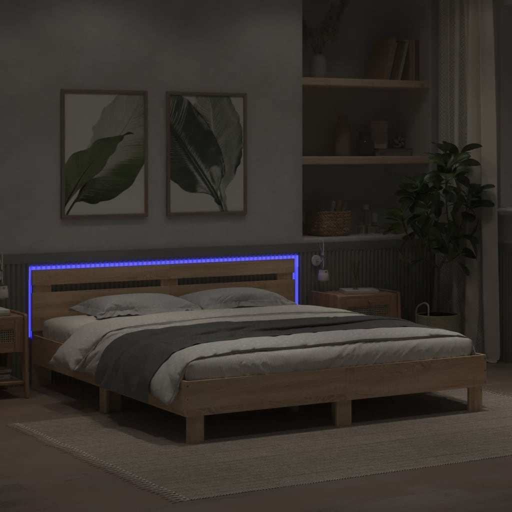 vidaXL Estructura de cama cabecero y luces LED roble Sonoma 180x200 cm