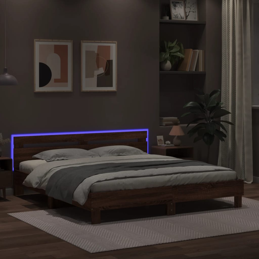 vidaXL Estructura de cama cabecero y luces LED marrón roble 180x200 cm