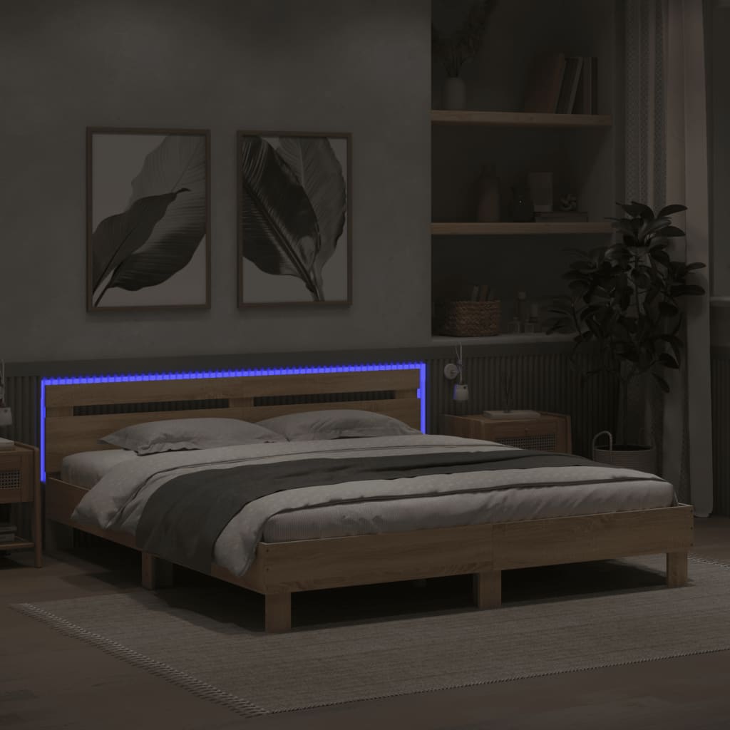 vidaXL Estructura de cama cabecero y luces LED roble Sonoma 160x200 cm