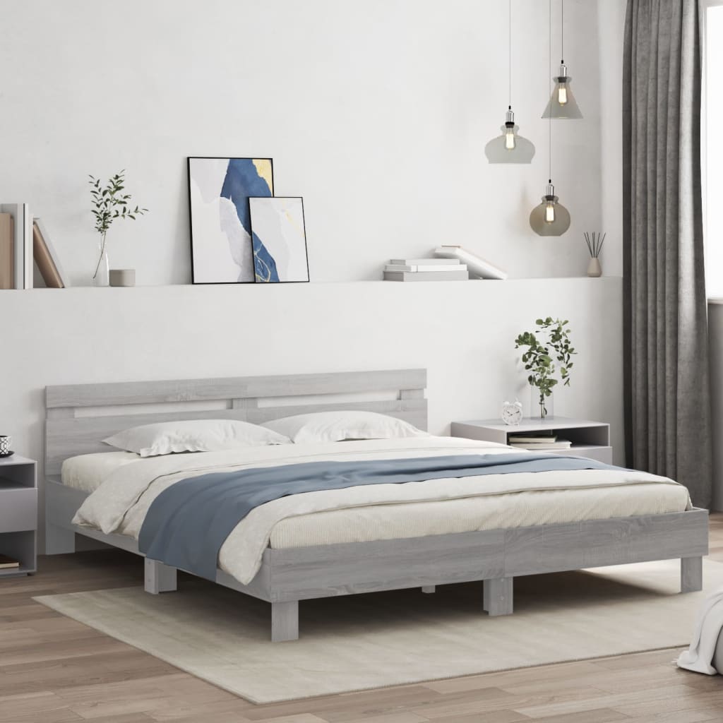 vidaXL Estructura de cama cabecero y luces LED gris Sonoma 160x200 cm