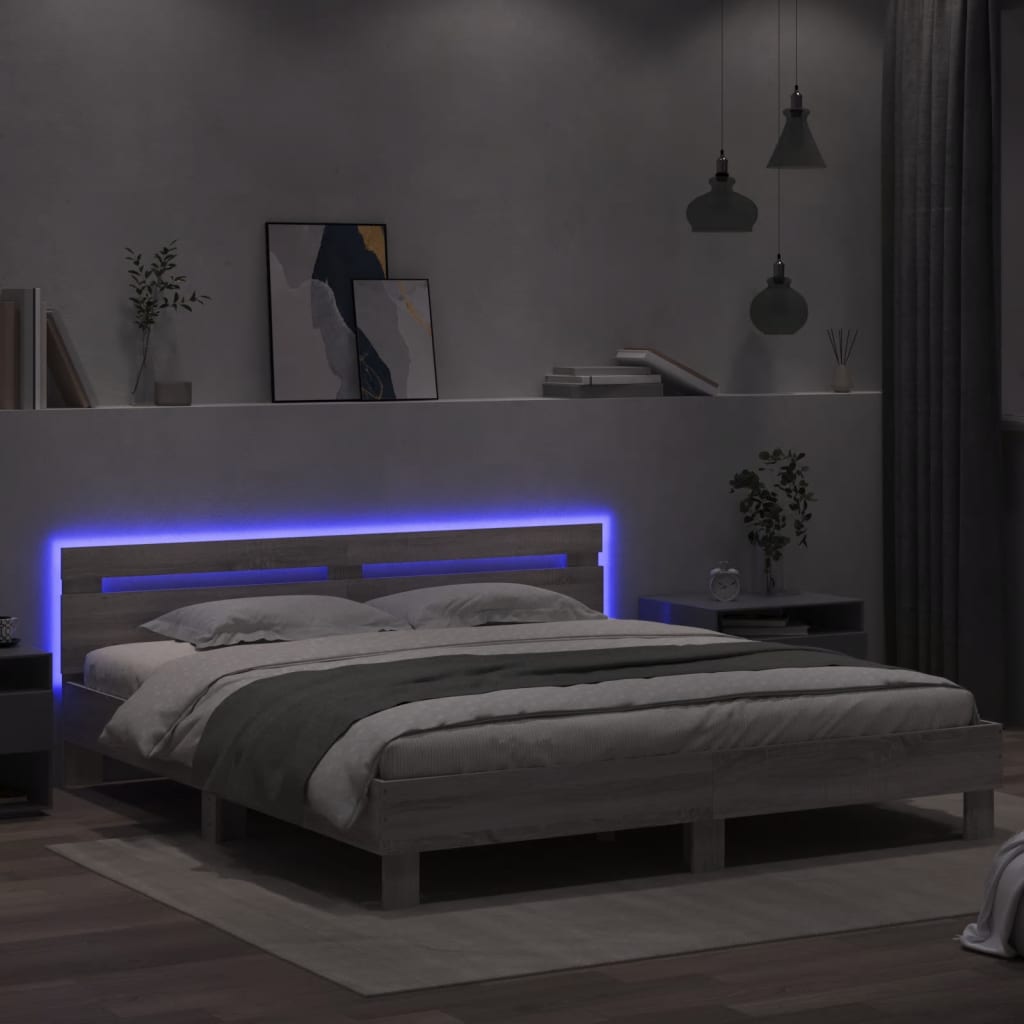 vidaXL Estructura de cama cabecero y luces LED gris Sonoma 160x200 cm