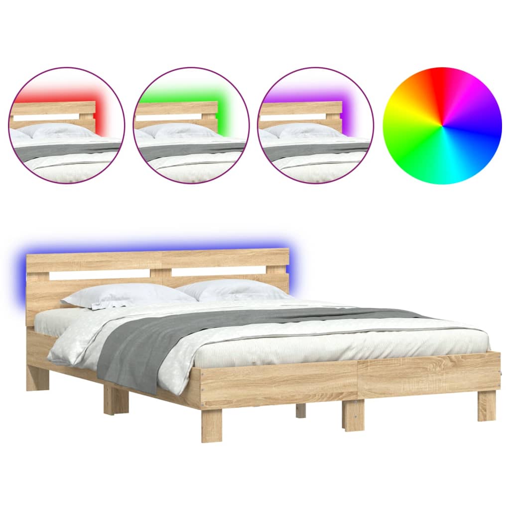 vidaXL Estructura de cama cabecero y luces LED roble Sonoma 150x200 cm