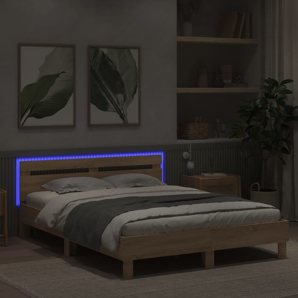 vidaXL Estructura de cama cabecero y luces LED roble Sonoma 150x200 cm