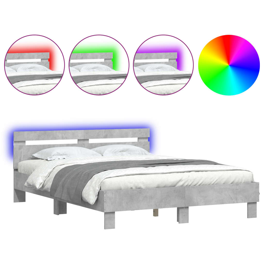 vidaXL Estructura de cama cabecero y luces LED gris hormigón 150x200cm