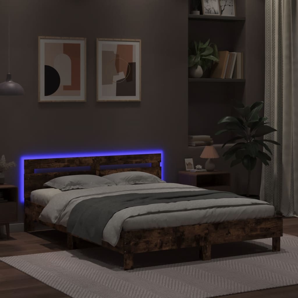 vidaXL Estructura de cama cabecero y luces LED roble ahumado 150x200cm