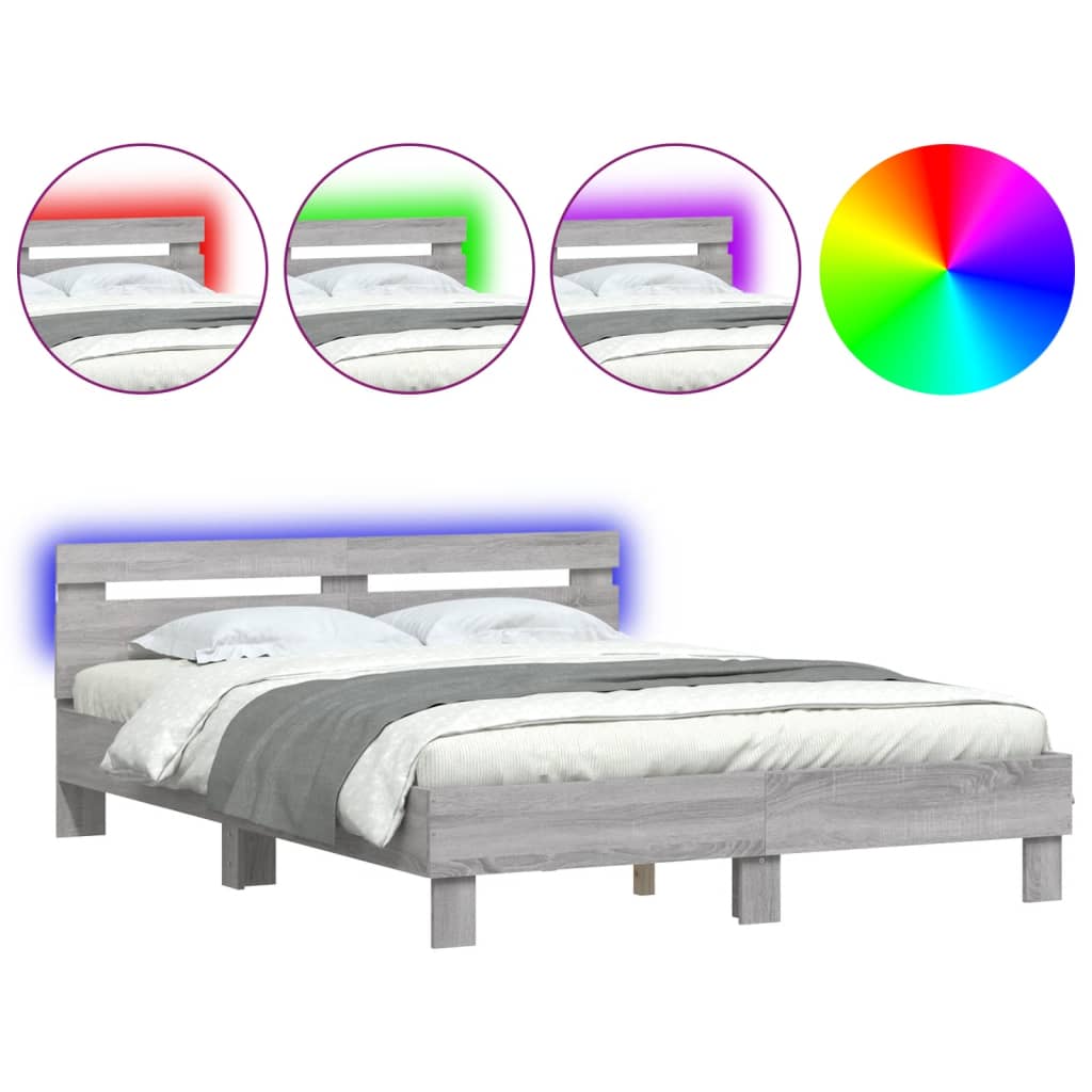 vidaXL Estructura de cama cabecero y luces LED gris Sonoma 150x200 cm