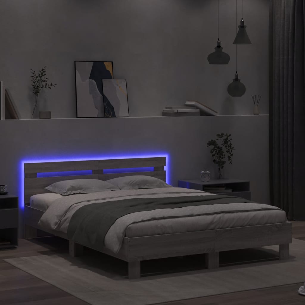 vidaXL Estructura de cama cabecero y luces LED gris Sonoma 150x200 cm