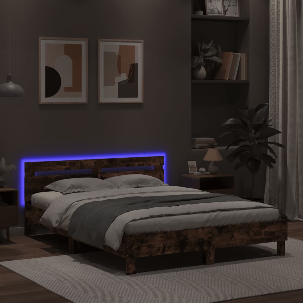 vidaXL Estructura de cama cabecero y luces LED marrón roble 150x200 cm