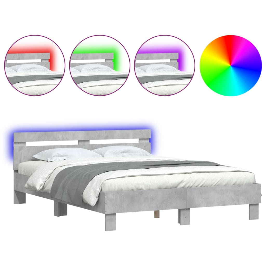 vidaXL Estructura de cama cabecero y luces LED gris hormigón 140x200cm