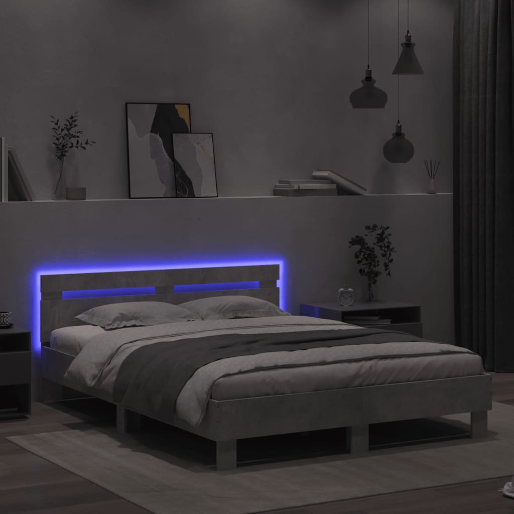 vidaXL Estructura de cama cabecero y luces LED gris hormigón 140x200cm